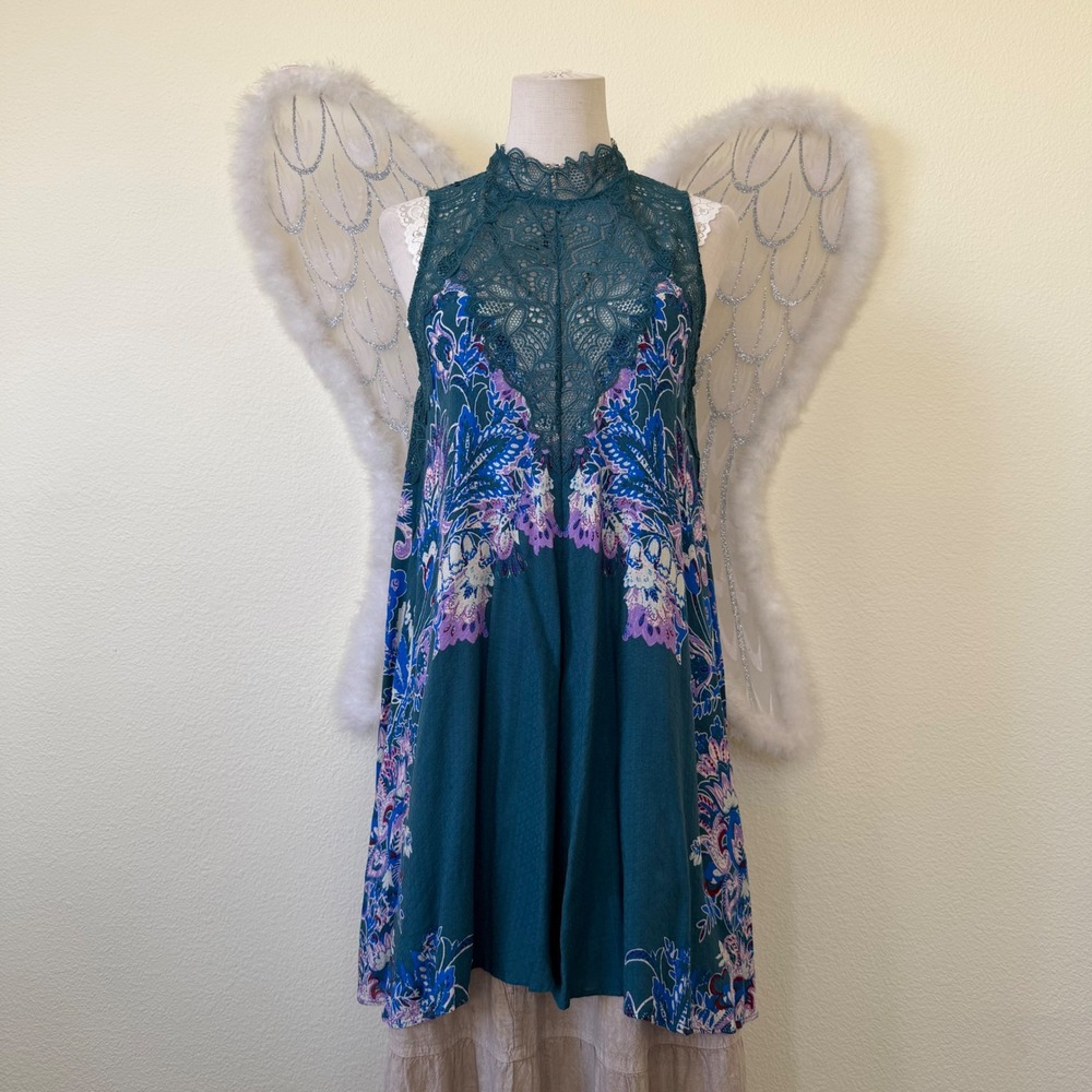 Whimsy Twee Intimately Free People Floral Lace Ruffle High Neck Tunic Top Flowy